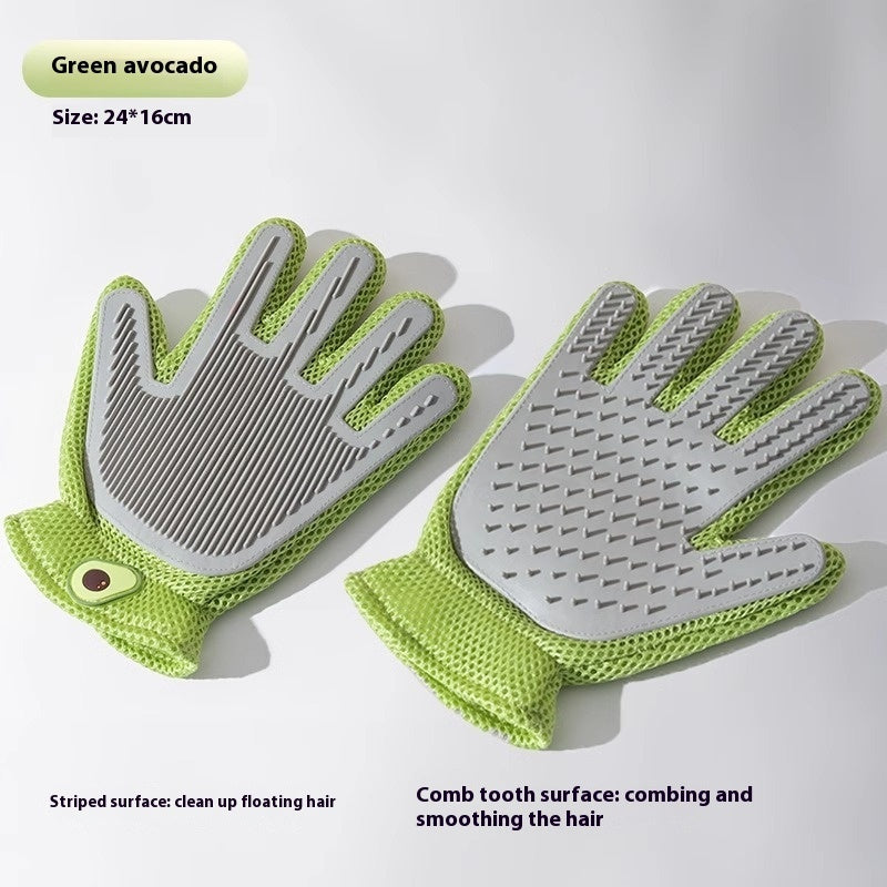 "Double-sided pet grooming gloves for dogs and cats"
"Pet grooming glove removing loose fur from dog"
"Silicone pet bath gloves with massage nodules"
"Person using pet grooming gloves on cat"
"Pet grooming gloves showing both sides"