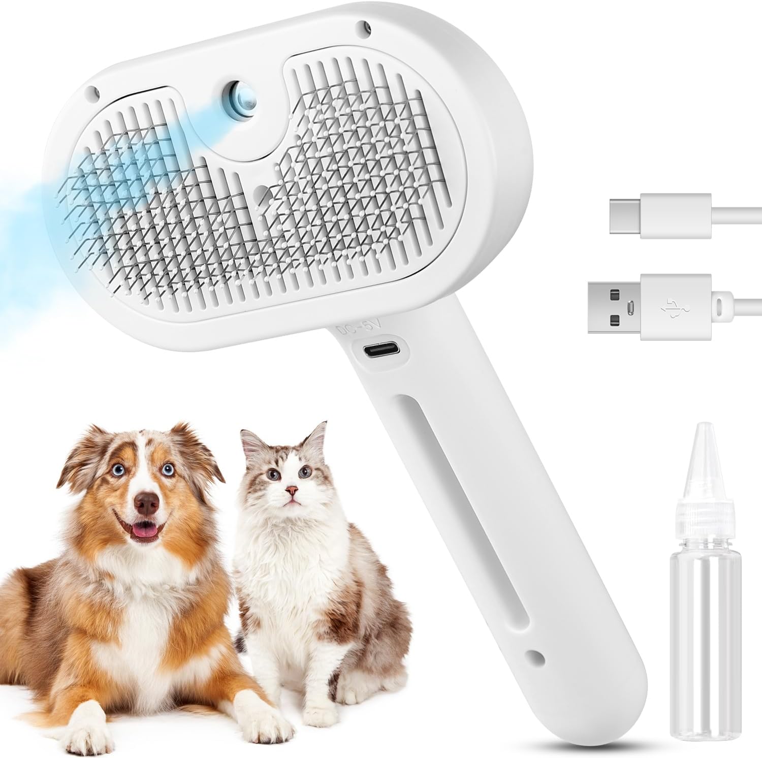 Image 1: "3-in-1 pet steam brush with water spray for cats and dogs"
Image 2: "Pet grooming brush with water mist spray and release button"
Image 3: "Steam brush grooming cat with water spray technology"
Image 4: "Self-cleaning pet brush with spray for long and short hair"
Image 5: "Water spray grooming comb removing pet hair and shedding"
Image 6: "3-in-1 steam brush with refillable water tank for pets"
Image 7: "Pet steam brush showing one-click release button feature"
Image 8: "Grooming brush with water 