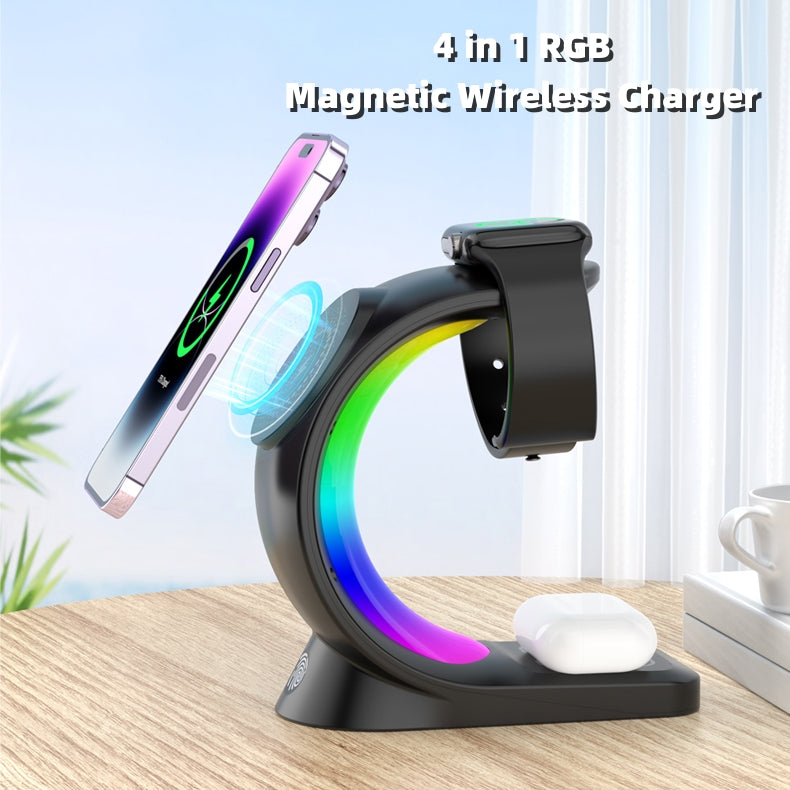 4-in-1 RGB Magnetic Wireless Charging Station | Fast Charge Phone, Watch & Earbuds with Atmosphere Light