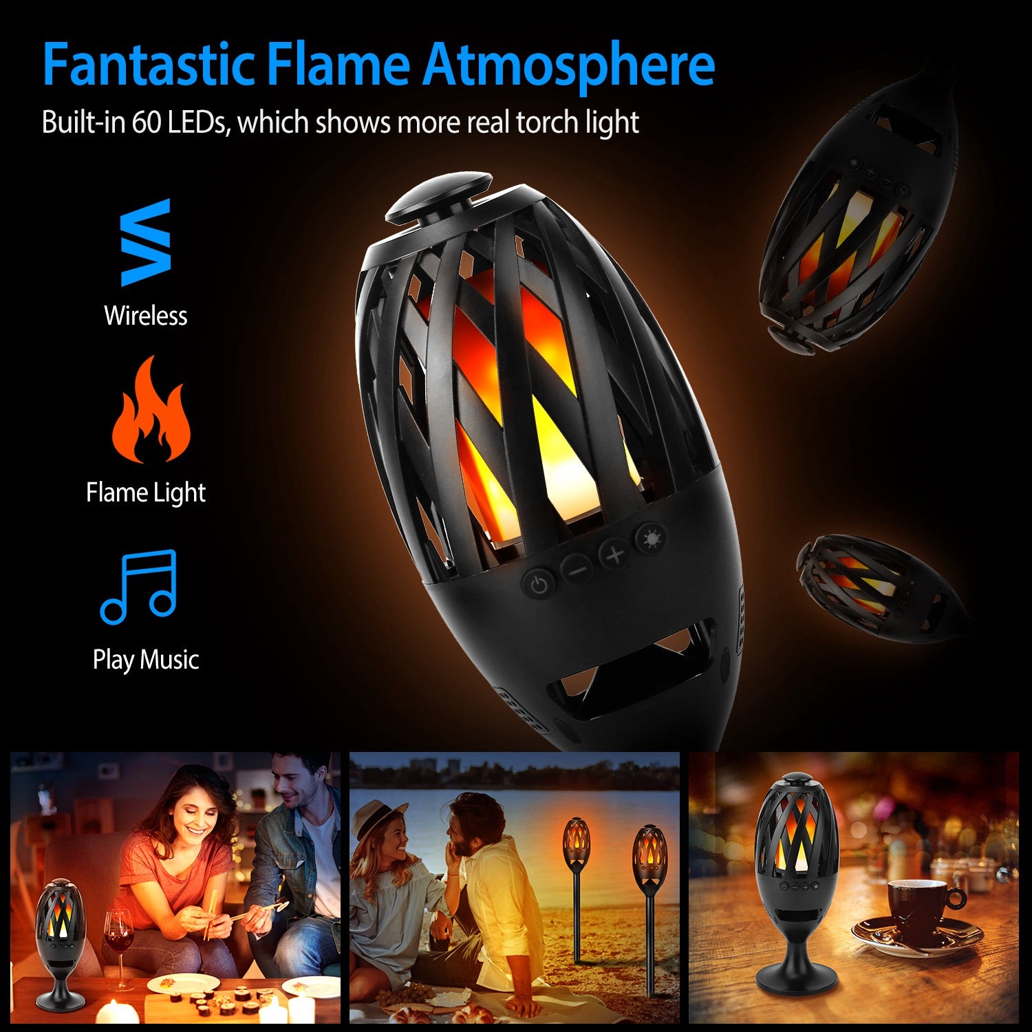 LED Flame Torch Bluetooth Speaker — Outdoor Waterproof Stereo Bass for Party & Camping