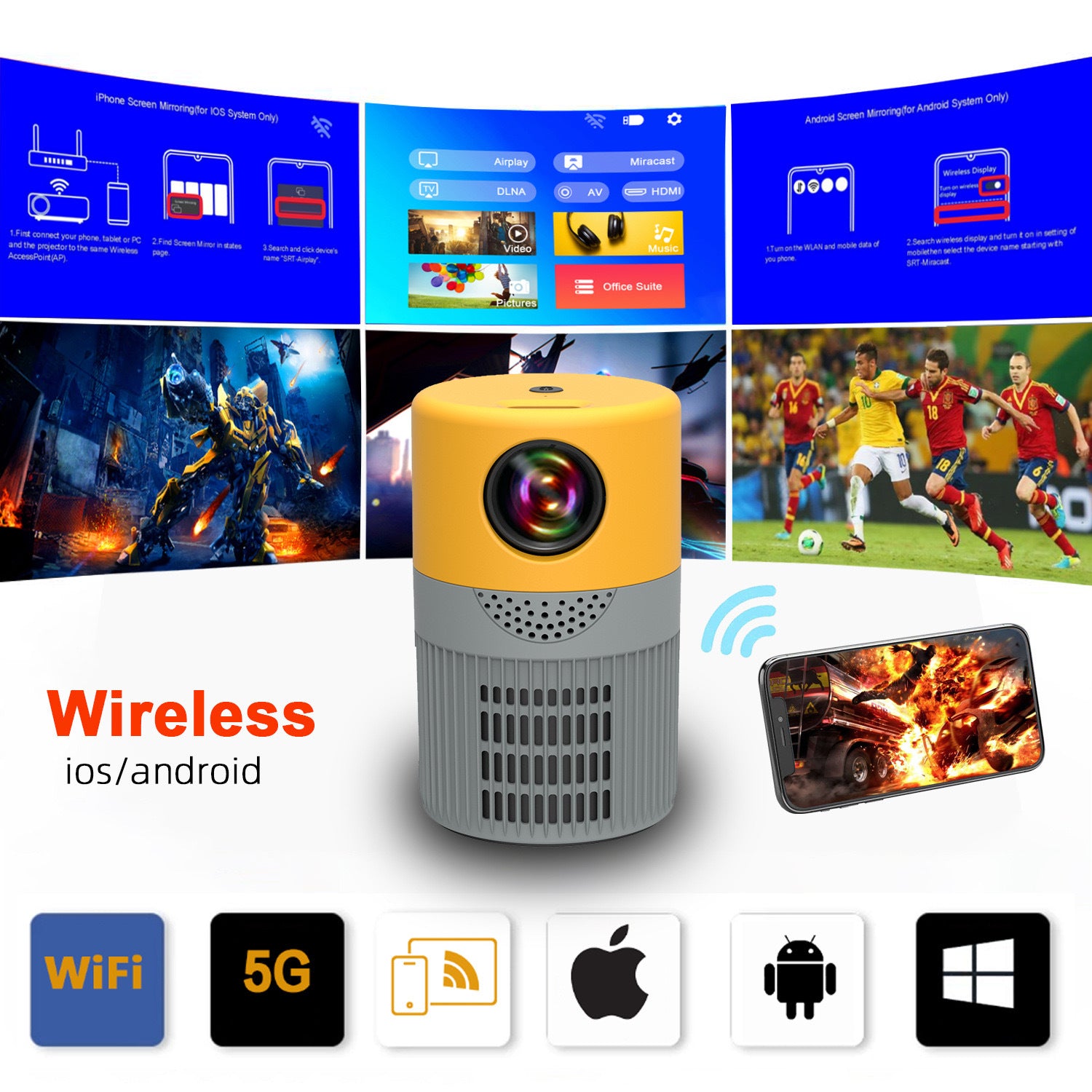 JHT400 Smart Mini Projector — WiFi Wireless, 30,000Hr LED, HDMI, Home & Travel