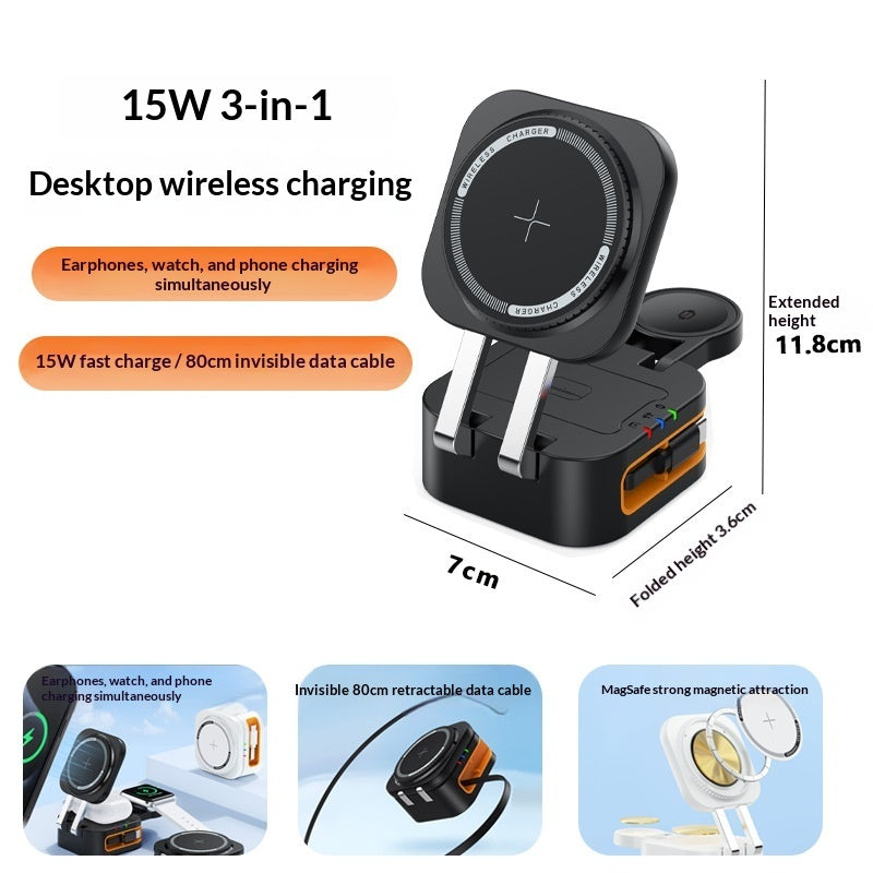 3-in-1 15W Magnetic Wireless Charger with Retractable Cord — iPhone, Apple Watch & AirPods