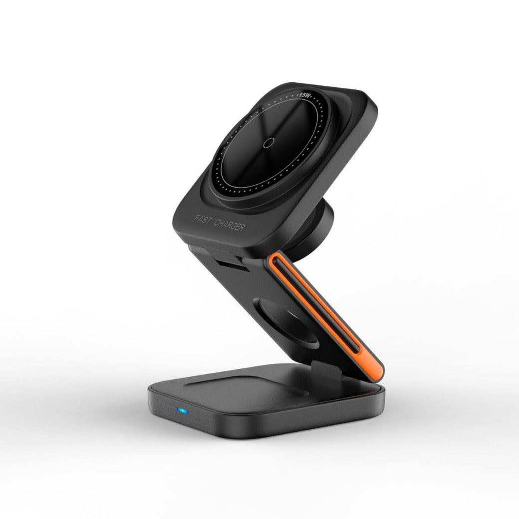Image 1: "Foldable 3-in-1 wireless charger stand for iPhone Apple Watch AirPods"
Image 2: "Portable wireless charging station folded flat for travel"
Image 3: "Foldable wireless charger in stand mode charging multiple devices"
Image 4: "Compact 3-in-1 charger with adjustable viewing angle"
Image 5: "Travel-friendly foldable wireless charging station unfolded"
Image 6: "Portable 3-in-1 wireless charger showing folding mechanism"