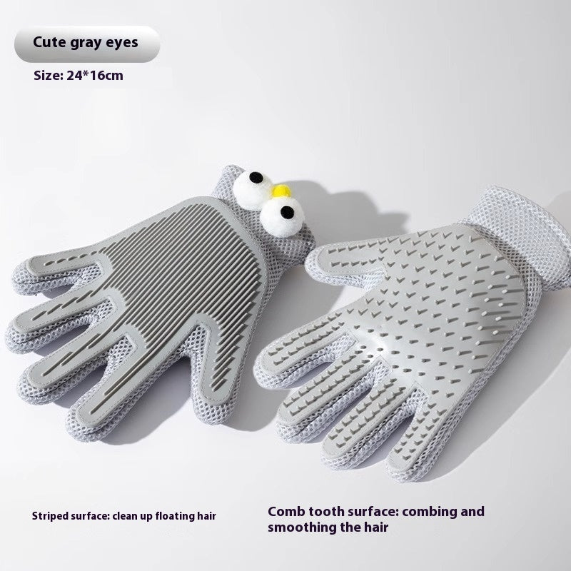 "Double-sided pet grooming gloves for dogs and cats"
"Pet grooming glove removing loose fur from dog"
"Silicone pet bath gloves with massage nodules"
"Person using pet grooming gloves on cat"
"Pet grooming gloves showing both sides"
