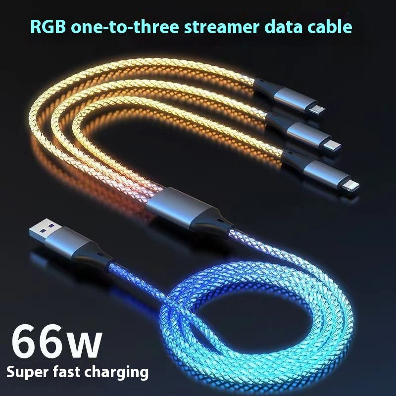 Image 1: "RGB 3-in-1 fast charging cable 66W with colorful LED streamer lights"
Image 2: "3-in-1 charging cable with flowing RGB lights for iPhone Android USB-C"
Image 3: "66W fast charging cable showing LED light effect while charging"
Image 4: "Nylon braided 3-in-1 cable with Lightning USB-C Micro-USB connectors"
Image 5: "Colorful RGB LED charging cable with streamer light animation"
Image 6: "Universal 3-in-1 fast charging cable with vibrant RGB lighting"