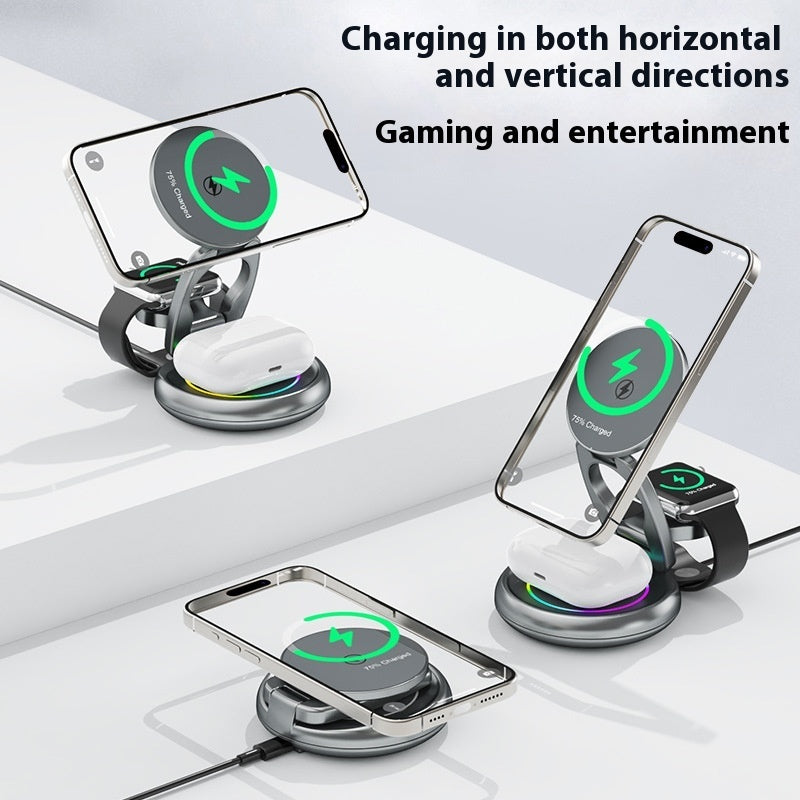 Image 1: "Metal 3-in-1 wireless charger stand with rotatable design for iPhone Apple Watch AirPods"
Image 2: "Premium aluminum wireless charging station with adjustable viewing angle"
Image 3: "Rotatable 3-in-1 metal charger charging iPhone and Apple Watch simultaneously"
Image 4: "Metal wireless charger stand showing 360-degree rotation feature"
Image 5: "Premium 3-in-1 charging station with LED indicators on desk"