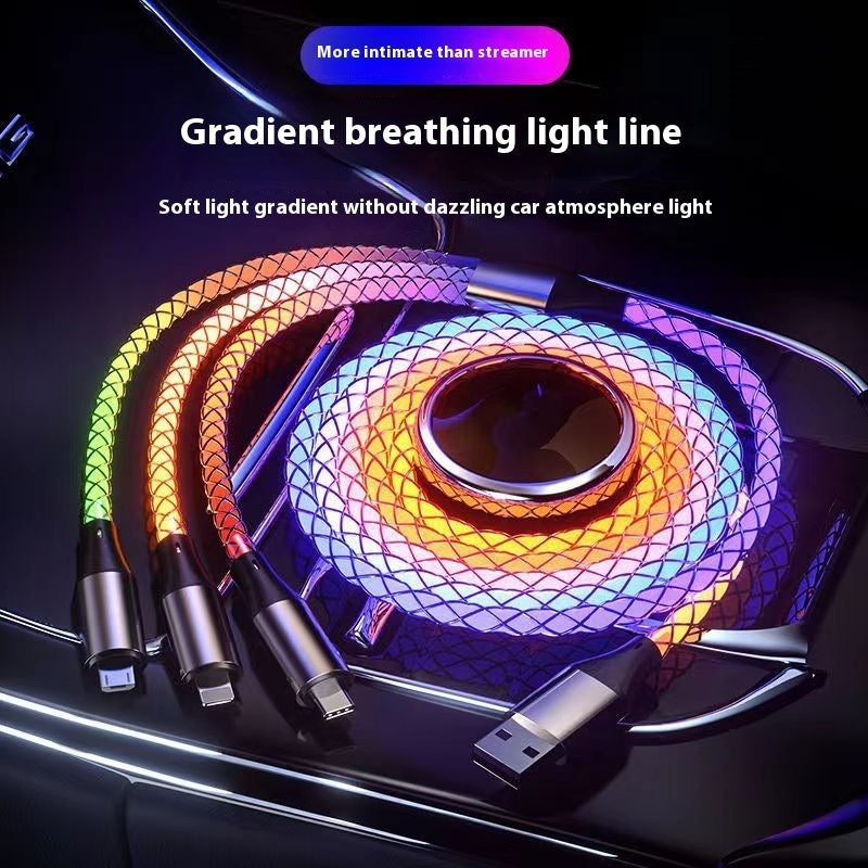 Image 1: "RGB 3-in-1 fast charging cable 66W with colorful LED streamer lights"
Image 2: "3-in-1 charging cable with flowing RGB lights for iPhone Android USB-C"
Image 3: "66W fast charging cable showing LED light effect while charging"
Image 4: "Nylon braided 3-in-1 cable with Lightning USB-C Micro-USB connectors"
Image 5: "Colorful RGB LED charging cable with streamer light animation"
Image 6: "Universal 3-in-1 fast charging cable with vibrant RGB lighting"