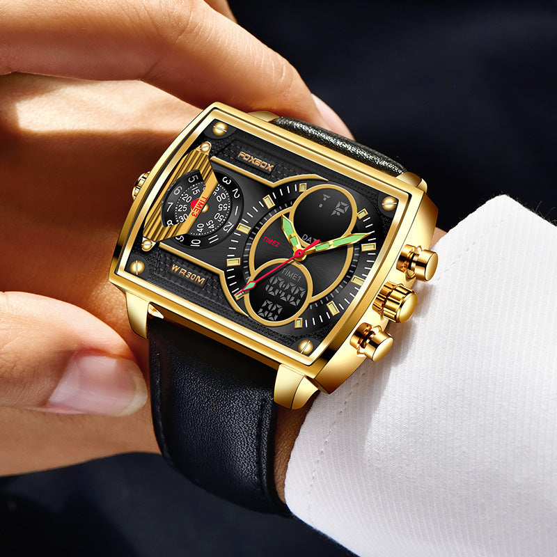 Dual Display Square Sports Watch — Luminous, Waterproof 30M, Chronograph