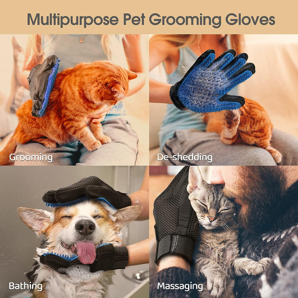"Pet grooming gloves gentle hair remover for dogs and cats"
"Silicone pet grooming glove removing pet hair"
"Pet hair removal gloves with soft bristles"
"Person grooming dog with pet hair removal gloves"
"Pet grooming gloves collecting loose fur"