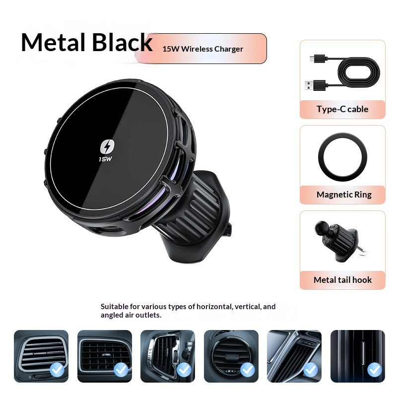 "15W fast wireless charging car mount with mirror finish"
"Magnetic car phone holder with wireless charging"
"Car mount wireless charger attached to dashboard"
"Phone charging on magnetic car mount holder"
"Mirror finish wireless charging car mount close-up"