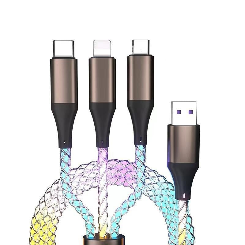 Image 1: "RGB 3-in-1 fast charging cable 66W with colorful LED streamer lights"
Image 2: "3-in-1 charging cable with flowing RGB lights for iPhone Android USB-C"
Image 3: "66W fast charging cable showing LED light effect while charging"
Image 4: "Nylon braided 3-in-1 cable with Lightning USB-C Micro-USB connectors"
Image 5: "Colorful RGB LED charging cable with streamer light animation"
Image 6: "Universal 3-in-1 fast charging cable with vibrant RGB lighting"