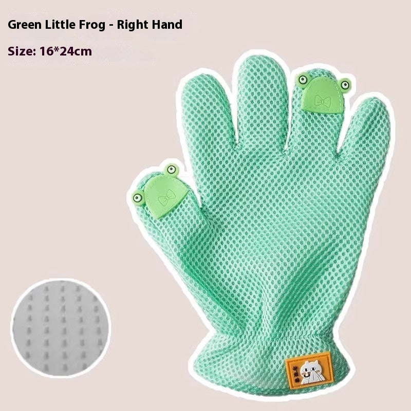 "Double-sided pet grooming gloves for dogs and cats"
"Pet grooming glove removing loose fur from dog"
"Silicone pet bath gloves with massage nodules"
"Person using pet grooming gloves on cat"
"Pet grooming gloves showing both sides"