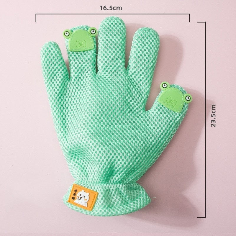 "Double-sided pet grooming gloves for dogs and cats"
"Pet grooming glove removing loose fur from dog"
"Silicone pet bath gloves with massage nodules"
"Person using pet grooming gloves on cat"
"Pet grooming gloves showing both sides"