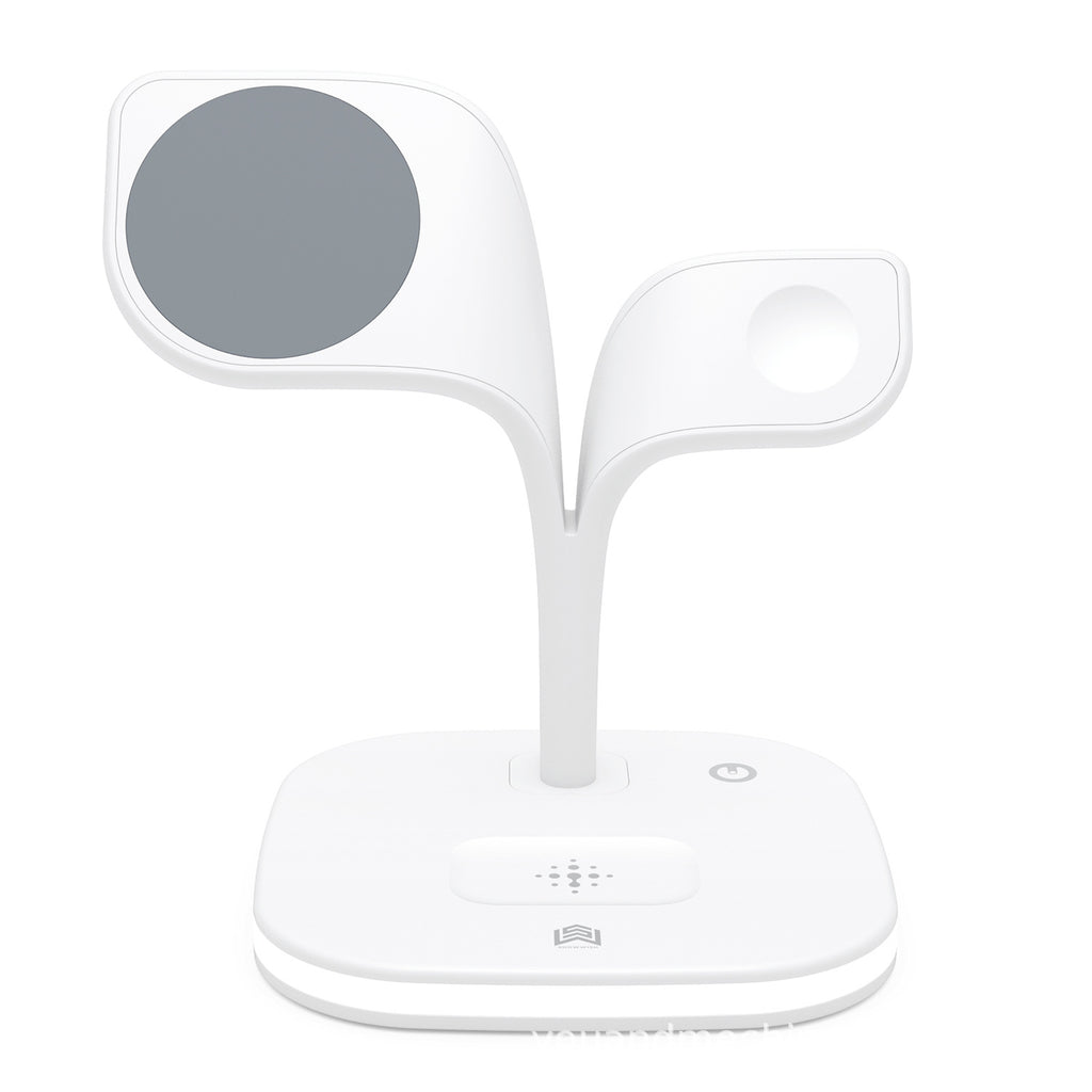 Image 1: "Magnetic 3-in-1 wireless charger for iPhone AirPods Apple Watch"
Image 2: "3-in-1 charging station with MagSafe compatibility for Apple devices"
Image 3: "Wireless charger charging iPhone Apple Watch and AirPods simultaneously"
Image 4: "Magnetic wireless charging station with compact design"
Image 5: "3-in-1 charger showing iPhone magnetic alignment and Apple Watch stand"
Image 6: "MagSafe compatible wireless charger with LED indicators"
Image 7: "Compact 3-in-1 wireless charging station on desk"