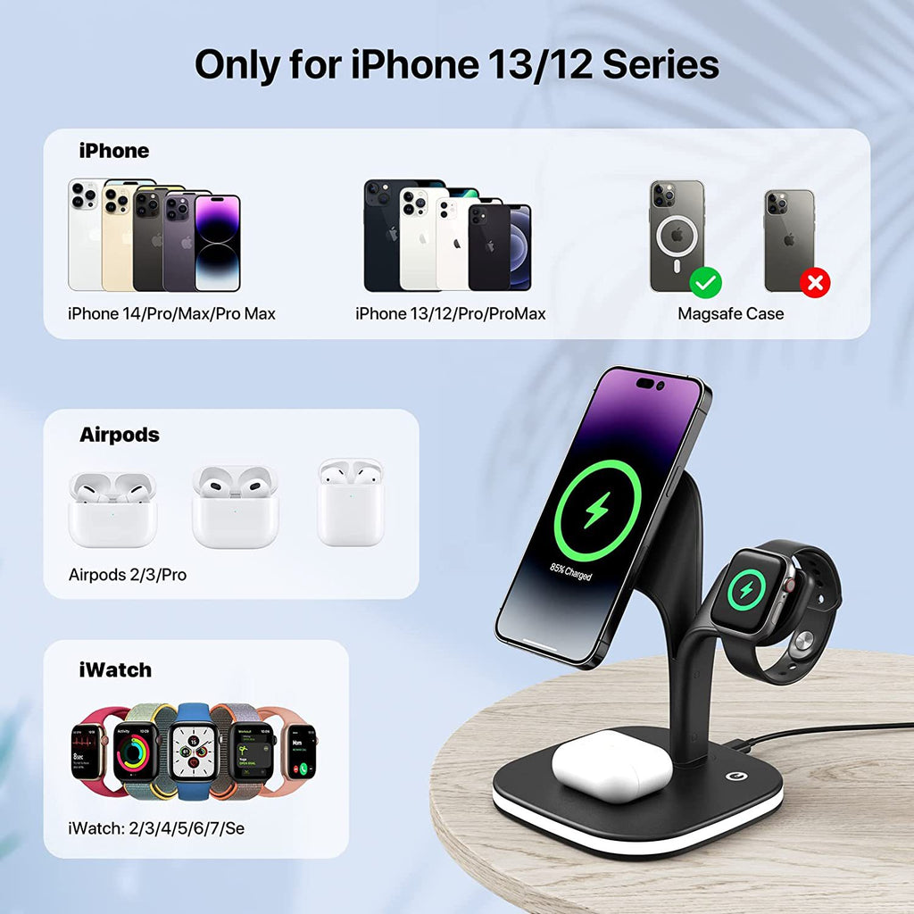 Image 1: "Magnetic 3-in-1 wireless charger for iPhone AirPods Apple Watch"
Image 2: "3-in-1 charging station with MagSafe compatibility for Apple devices"
Image 3: "Wireless charger charging iPhone Apple Watch and AirPods simultaneously"
Image 4: "Magnetic wireless charging station with compact design"
Image 5: "3-in-1 charger showing iPhone magnetic alignment and Apple Watch stand"
Image 6: "MagSafe compatible wireless charger with LED indicators"
Image 7: "Compact 3-in-1 wireless charging station on desk"