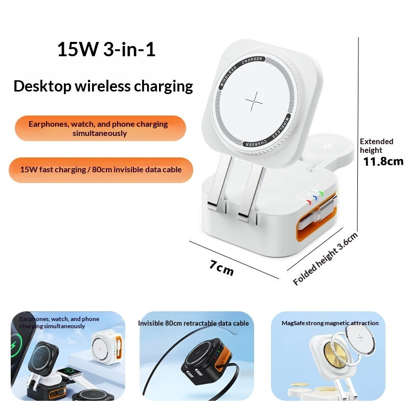 3-in-1 15W Magnetic Wireless Charger with Retractable Cord — iPhone, Apple Watch & AirPods