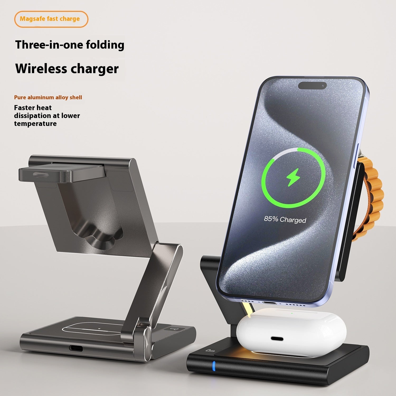 "Folding 3-in-1 wireless charger for iPhone AirPods Apple Watch"
Image 2: "Portable wireless charger folded flat for travel and storage"
Image 3: "Folding wireless charging station in stand mode charging devices"
Image 4: "3-in-1 wireless charger with adjustable viewing angles"
Image 5: "Compact folding charger charging iPhone Apple Watch AirPods simultaneously"
Image 6: "Travel-friendly wireless charger showing folding mechanism"
Image 7: "Portable 3-in-1 charging station unfolded on desk"
Image 8: "Foldin