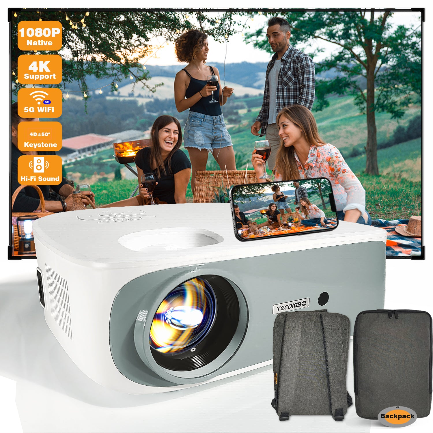 4K Smart Projector — Native 1080P, 9500 Lumens, 5G WiFi, Bluetooth 5.0, 4D Keystone