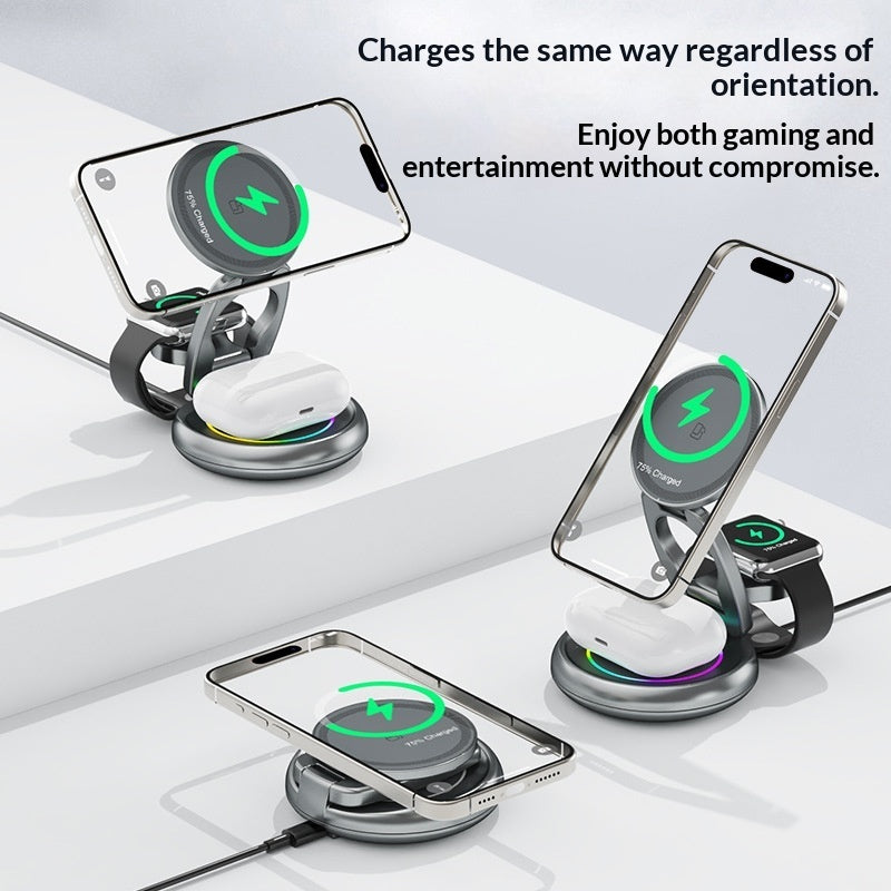 3-in-1 15W Magnetic Wireless Charger with Retractable Cord — iPhone, Apple Watch & AirPods