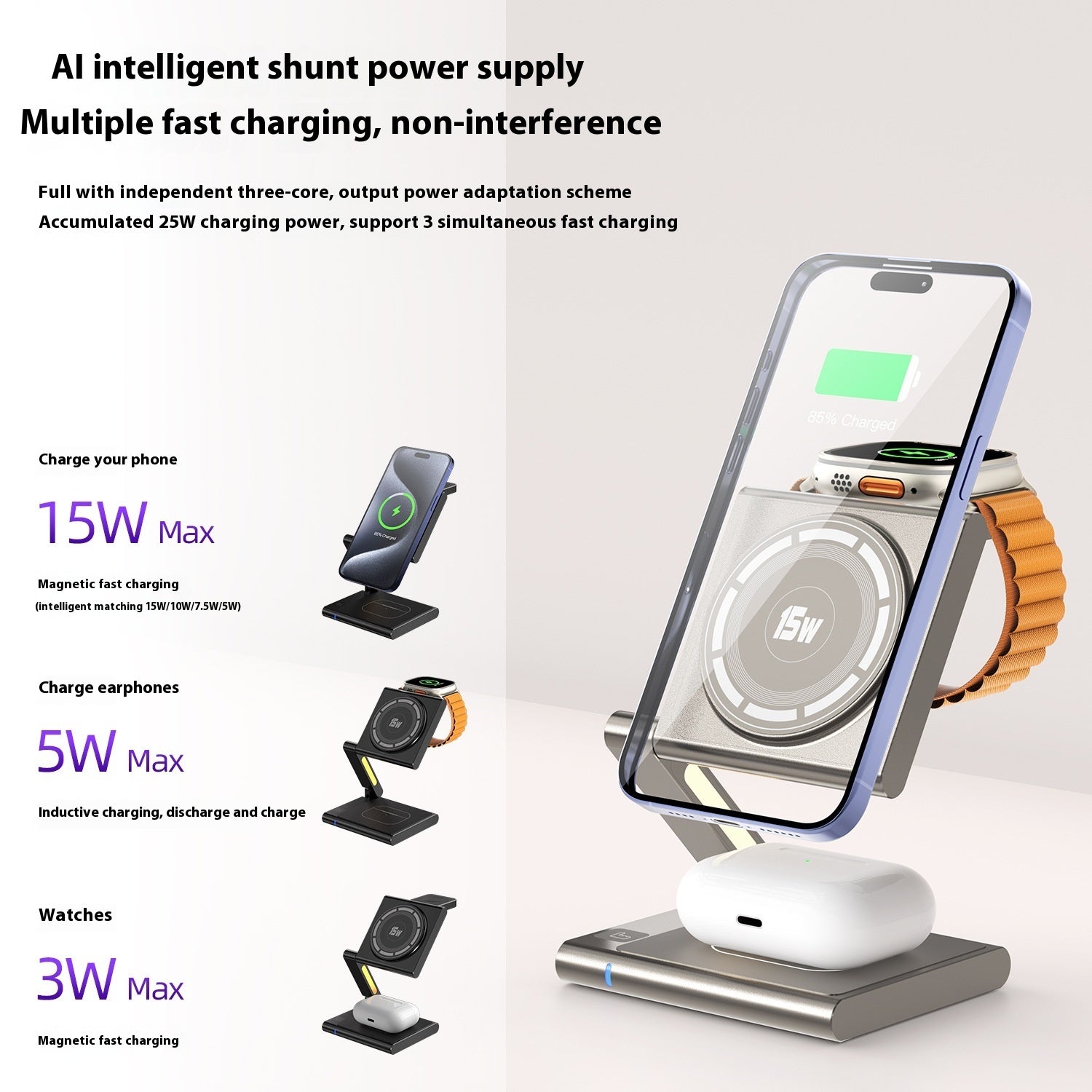 "Folding 3-in-1 wireless charger for iPhone AirPods Apple Watch"
Image 2: "Portable wireless charger folded flat for travel and storage"
Image 3: "Folding wireless charging station in stand mode charging devices"
Image 4: "3-in-1 wireless charger with adjustable viewing angles"
Image 5: "Compact folding charger charging iPhone Apple Watch AirPods simultaneously"
Image 6: "Travel-friendly wireless charger showing folding mechanism"
Image 7: "Portable 3-in-1 charging station unfolded on desk"
Image 8: "Foldin
