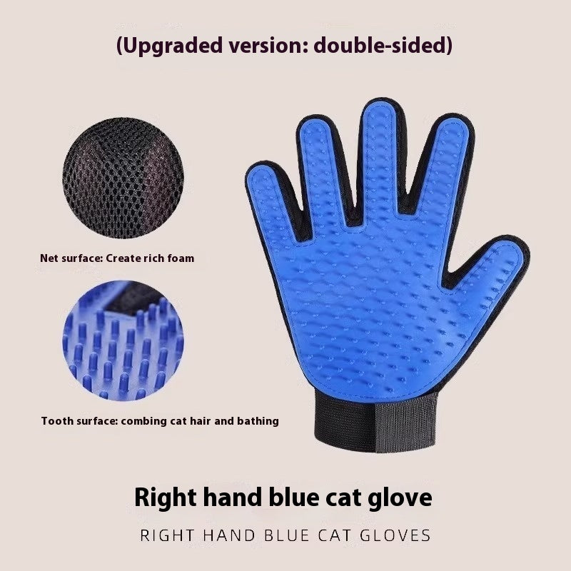 "Double-sided pet grooming gloves for dogs and cats"
"Pet grooming glove removing loose fur from dog"
"Silicone pet bath gloves with massage nodules"
"Person using pet grooming gloves on cat"
"Pet grooming gloves showing both sides"