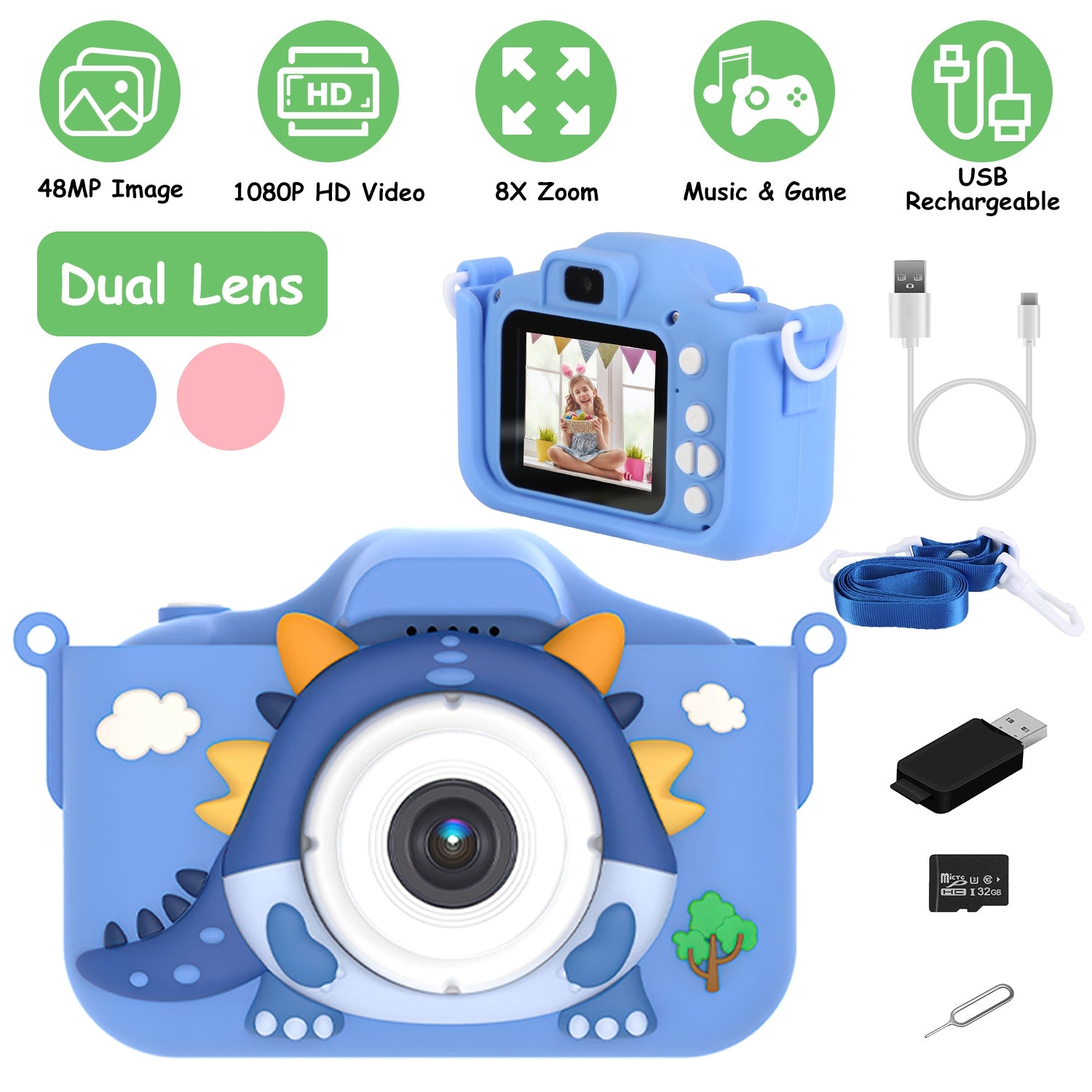 SnapPro™ 48MP Kids HD Camera — 1080P Dinosaur Selfie Cam with 32GB Card & Fast US Shipping