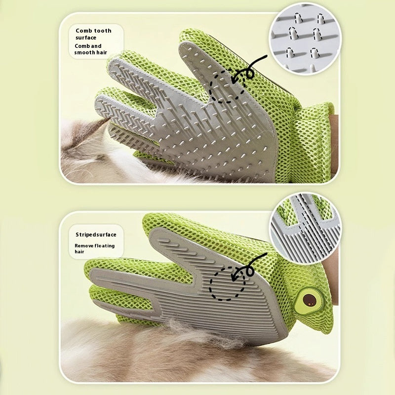 "Double-sided pet grooming gloves for dogs and cats"
"Pet grooming glove removing loose fur from dog"
"Silicone pet bath gloves with massage nodules"
"Person using pet grooming gloves on cat"
"Pet grooming gloves showing both sides"