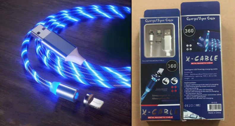 mage 1: "3-in-1 LED magnetic charging cable with flowing light streamer"
Image 2: "Magnetic charging cable with LED lights for iPhone Android USB-C"
Image 3: "Light-up charging cable showing LED streamer effect while charging"
Image 4: "Magnetic connector tips for Lightning USB-C and Micro-USB"
Image 5: "3-in-1 magnetic cable with nylon braided design and LED lights"