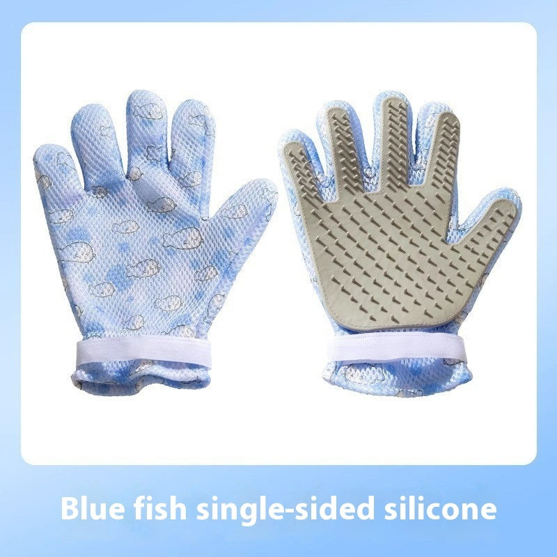 "Double-sided pet grooming gloves for dogs and cats"
"Pet grooming glove removing loose fur from dog"
"Silicone pet bath gloves with massage nodules"
"Person using pet grooming gloves on cat"
"Pet grooming gloves showing both sides"