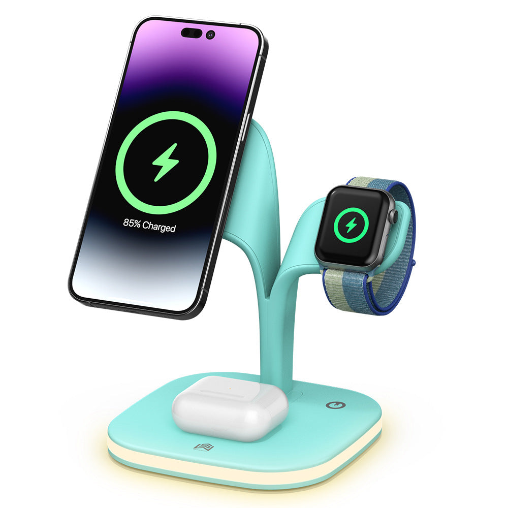 Image 1: "Magnetic 3-in-1 wireless charger for iPhone AirPods Apple Watch"
Image 2: "3-in-1 charging station with MagSafe compatibility for Apple devices"
Image 3: "Wireless charger charging iPhone Apple Watch and AirPods simultaneously"
Image 4: "Magnetic wireless charging station with compact design"
Image 5: "3-in-1 charger showing iPhone magnetic alignment and Apple Watch stand"
Image 6: "MagSafe compatible wireless charger with LED indicators"
Image 7: "Compact 3-in-1 wireless charging station on desk"