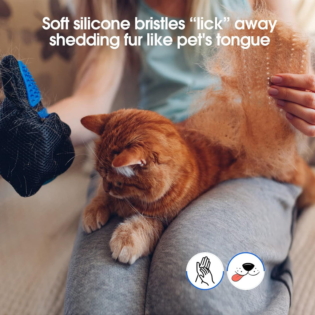 "Pet grooming gloves gentle hair remover for dogs and cats"
"Silicone pet grooming glove removing pet hair"
"Pet hair removal gloves with soft bristles"
"Person grooming dog with pet hair removal gloves"
"Pet grooming gloves collecting loose fur"
