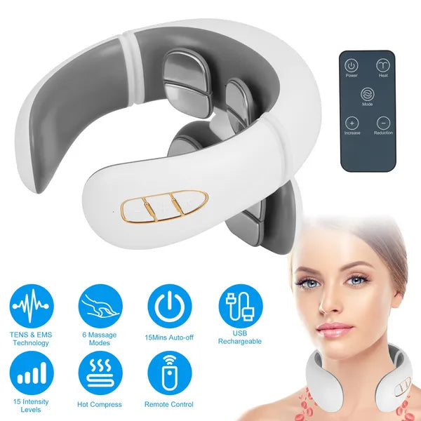 Luxury EMS Cervical Neck Massager with Heat — 8 Heads, 6 Modes, Remote Control & Voice Prompt