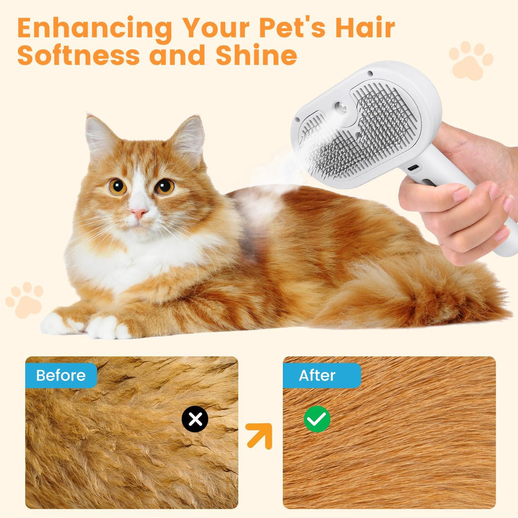 Image 1: "3-in-1 pet steam brush with water spray for cats and dogs"
Image 2: "Pet grooming brush with water mist spray and release button"
Image 3: "Steam brush grooming cat with water spray technology"
Image 4: "Self-cleaning pet brush with spray for long and short hair"
Image 5: "Water spray grooming comb removing pet hair and shedding"
Image 6: "3-in-1 steam brush with refillable water tank for pets"
Image 7: "Pet steam brush showing one-click release button feature"
Image 8: "Grooming brush with water 