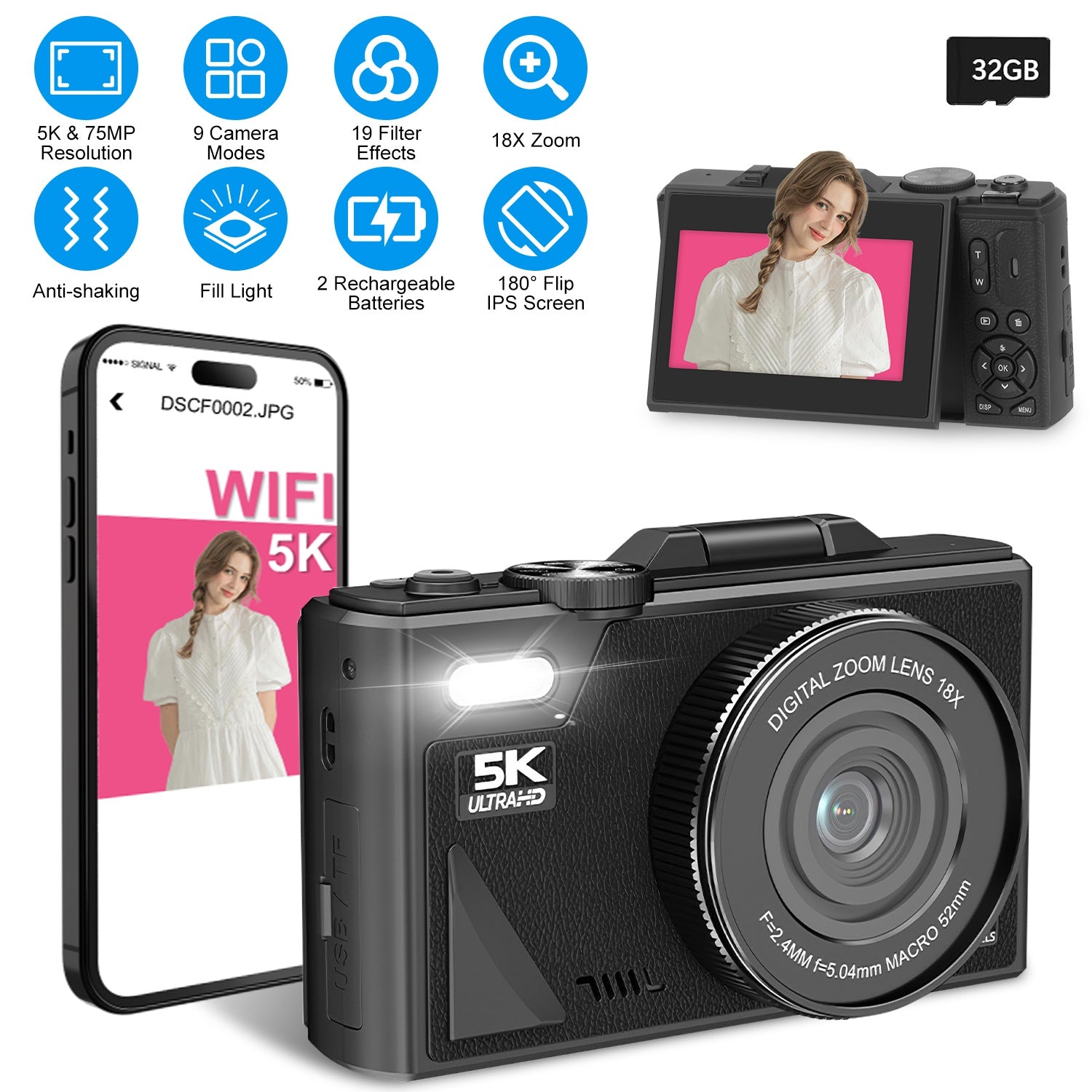 5K WiFi Vlogging Camera with Flip Screen, Fill Light & 2 Batteries