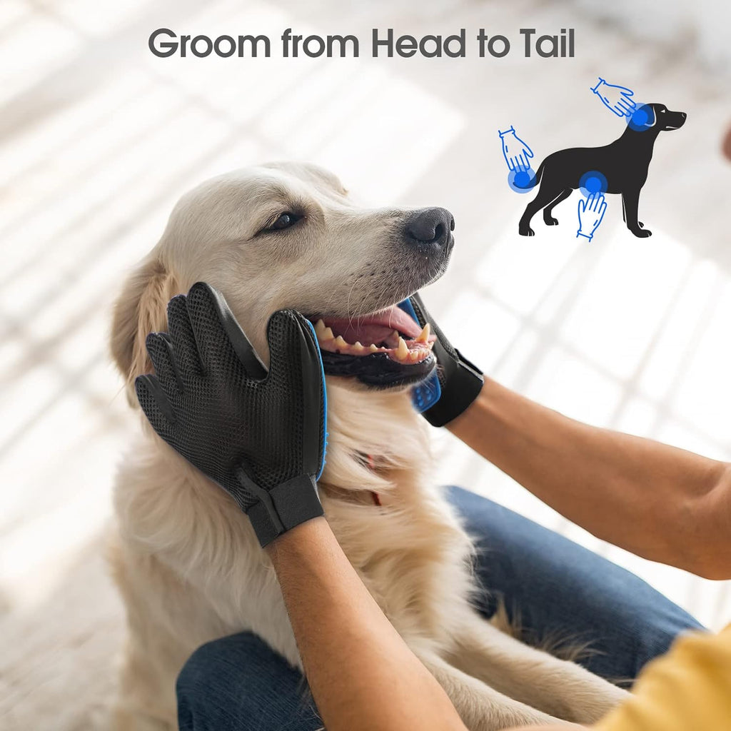 "Pet grooming gloves gentle hair remover for dogs and cats"
"Silicone pet grooming glove removing pet hair"
"Pet hair removal gloves with soft bristles"
"Person grooming dog with pet hair removal gloves"
"Pet grooming gloves collecting loose fur"