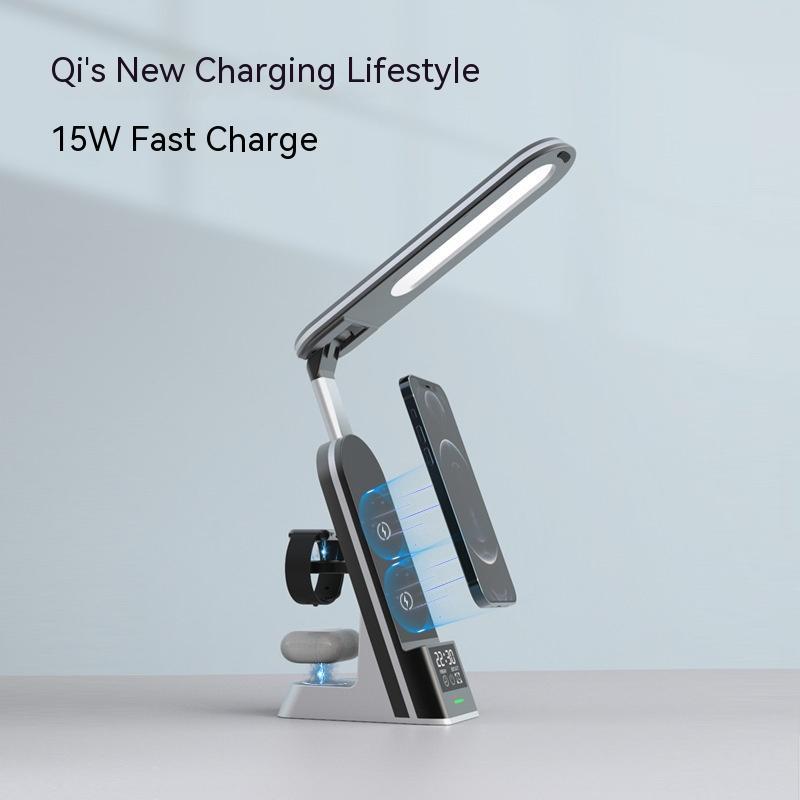 Image 1: "LED desk lamp with wireless charger multifunctional charging light"
Image 2: "Adjustable desk lamp with built-in wireless phone charging base"
Image 3: "LED desk light with flexible gooseneck and wireless charger"
Image 4: "Desk lamp charging phone wirelessly with adjustable brightness"
Image 5: "Multifunctional LED lamp with wireless charging and USB port"
Image 6: "Touch control desk lamp with wireless phone charger base"
Image 7: "Eye-caring LED desk lamp with integrated wireless charging"