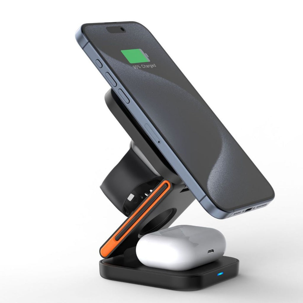 Image 1: "Foldable 3-in-1 wireless charger stand for iPhone Apple Watch AirPods"
Image 2: "Portable wireless charging station folded flat for travel"
Image 3: "Foldable wireless charger in stand mode charging multiple devices"
Image 4: "Compact 3-in-1 charger with adjustable viewing angle"
Image 5: "Travel-friendly foldable wireless charging station unfolded"
Image 6: "Portable 3-in-1 wireless charger showing folding mechanism"