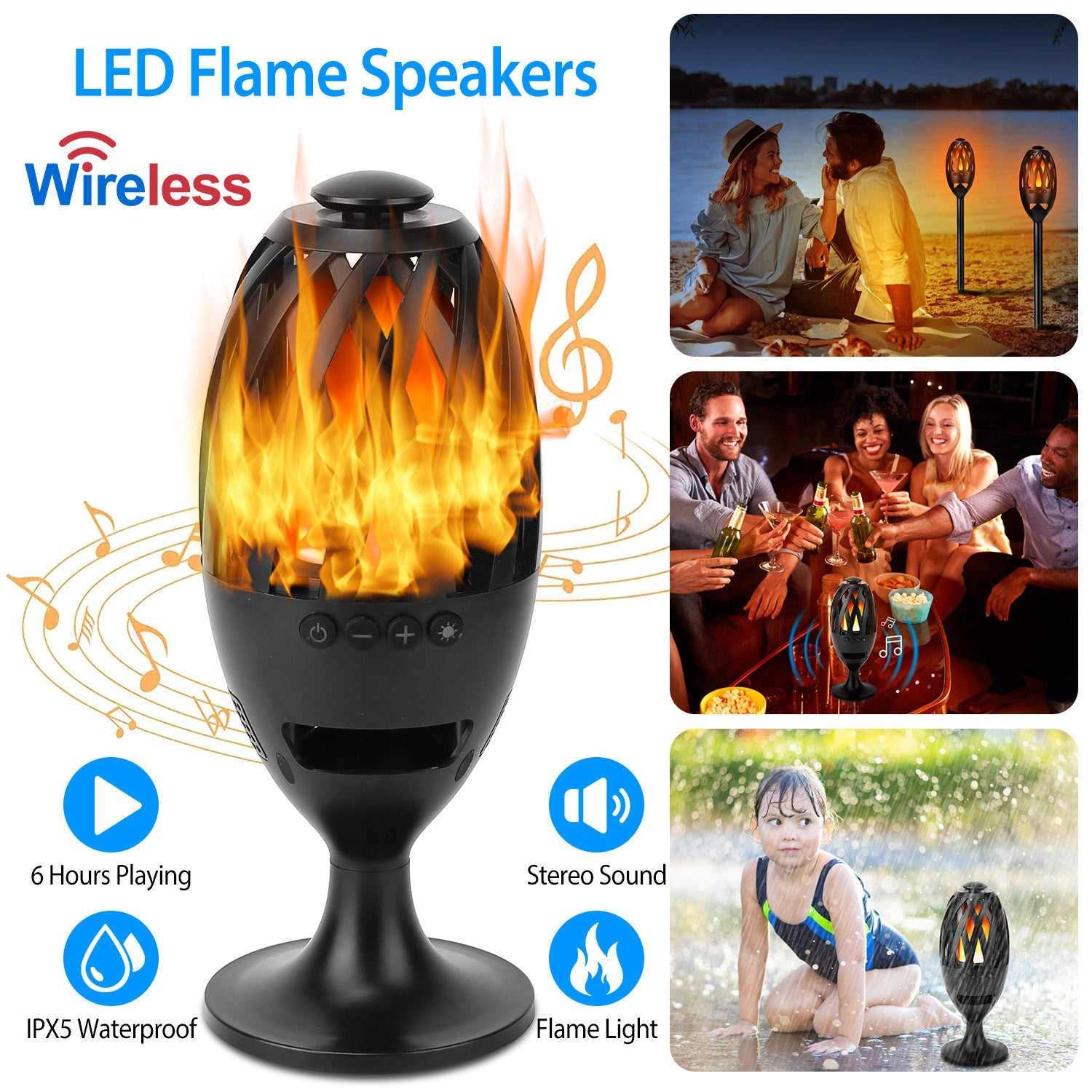 LED Flame Torch Bluetooth Speaker — Outdoor Waterproof Stereo Bass for Party & Camping