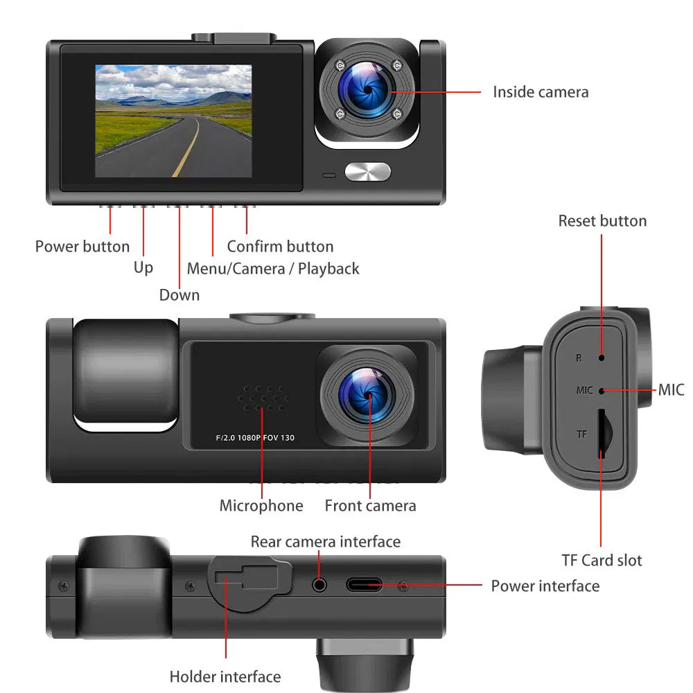Triple Lens Dash Cam 1080P HD | Front, Rear & Interior Recording + G-Sensor