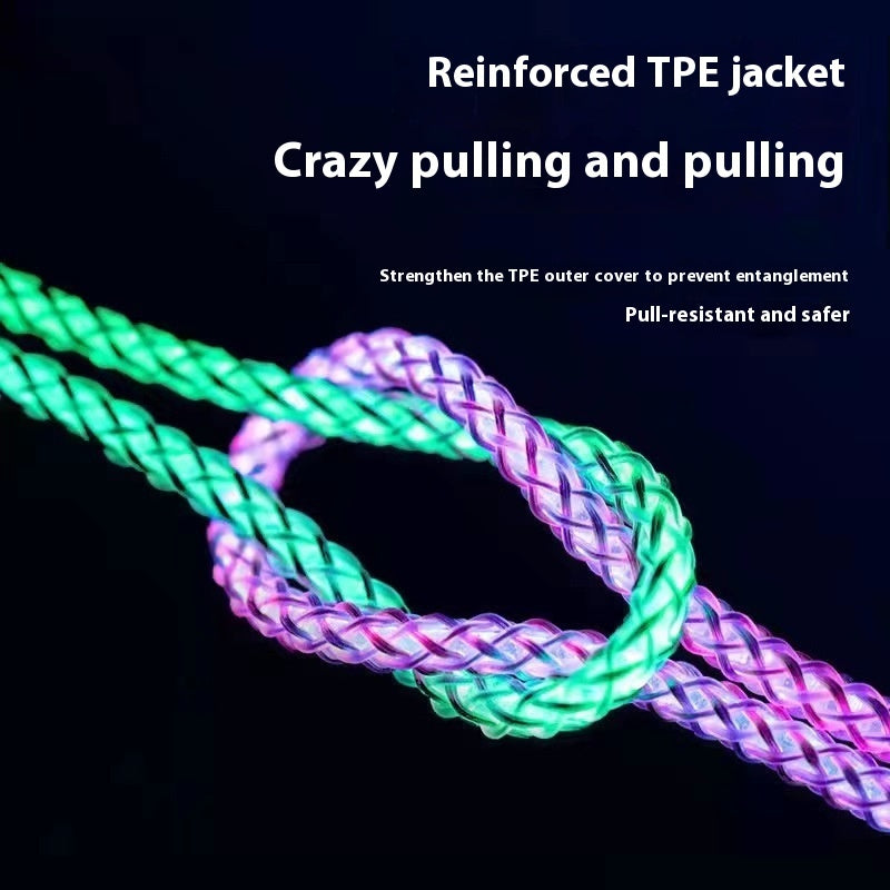 Image 1: "RGB 3-in-1 fast charging cable 66W with colorful LED streamer lights"
Image 2: "3-in-1 charging cable with flowing RGB lights for iPhone Android USB-C"
Image 3: "66W fast charging cable showing LED light effect while charging"
Image 4: "Nylon braided 3-in-1 cable with Lightning USB-C Micro-USB connectors"
Image 5: "Colorful RGB LED charging cable with streamer light animation"
Image 6: "Universal 3-in-1 fast charging cable with vibrant RGB lighting"