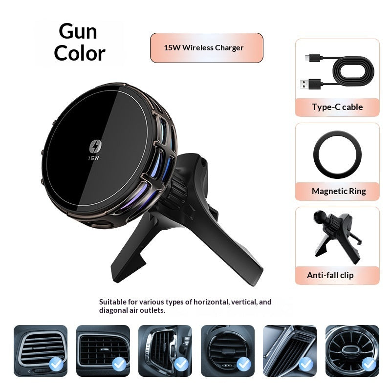 "15W fast wireless charging car mount with mirror finish"
"Magnetic car phone holder with wireless charging"
"Car mount wireless charger attached to dashboard"
"Phone charging on magnetic car mount holder"
"Mirror finish wireless charging car mount close-up"