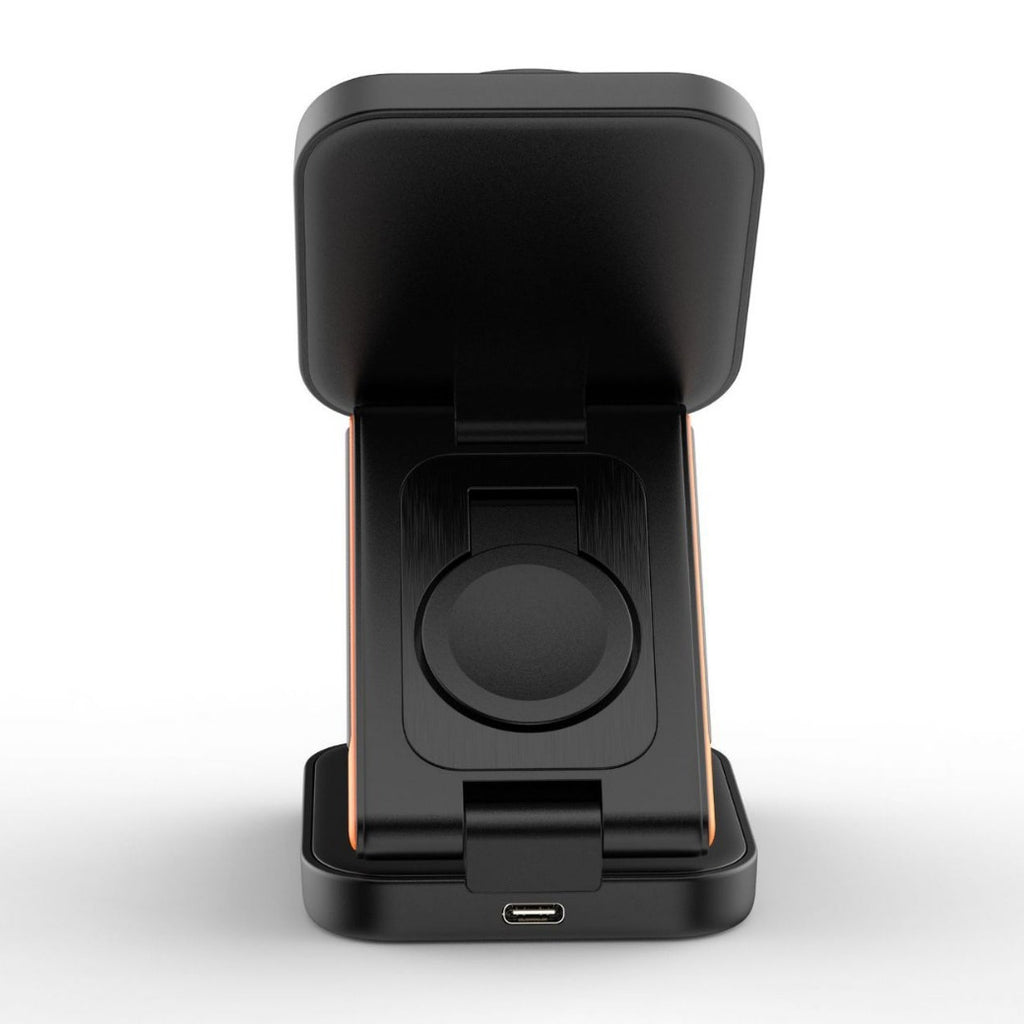 Image 1: "Foldable 3-in-1 wireless charger stand for iPhone Apple Watch AirPods"
Image 2: "Portable wireless charging station folded flat for travel"
Image 3: "Foldable wireless charger in stand mode charging multiple devices"
Image 4: "Compact 3-in-1 charger with adjustable viewing angle"
Image 5: "Travel-friendly foldable wireless charging station unfolded"
Image 6: "Portable 3-in-1 wireless charger showing folding mechanism"
