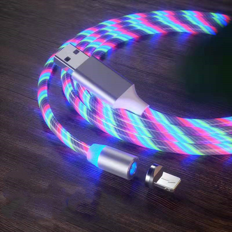 mage 1: "3-in-1 LED magnetic charging cable with flowing light streamer"
Image 2: "Magnetic charging cable with LED lights for iPhone Android USB-C"
Image 3: "Light-up charging cable showing LED streamer effect while charging"
Image 4: "Magnetic connector tips for Lightning USB-C and Micro-USB"
Image 5: "3-in-1 magnetic cable with nylon braided design and LED lights"