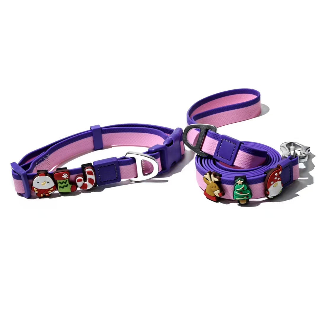 Dual-Color Embossed Pet Leash Set — Waterproof PVC Collar & Leash with DIY Accessories for Dogs