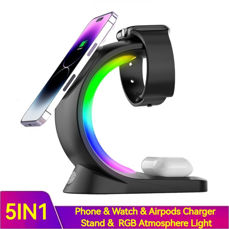 4-in-1 RGB Magnetic Wireless Charging Station | Fast Charge Phone, Watch & Earbuds with Atmosphere Light