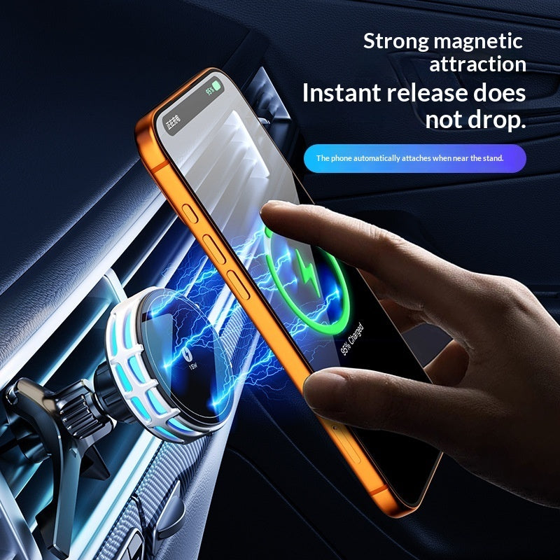 "15W fast wireless charging car mount with mirror finish"
"Magnetic car phone holder with wireless charging"
"Car mount wireless charger attached to dashboard"
"Phone charging on magnetic car mount holder"
"Mirror finish wireless charging car mount close-up"