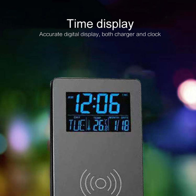 "Digital alarm clock with wireless charger LED display temperature calendar"
"Bedside alarm clock charging phone wirelessly with LED time display"
"LED alarm clock showing temperature and date on nightstand"
"Wireless charging alarm clock with adjustable brightness display"
"Multifunctional digital clock with wireless phone charging pad"