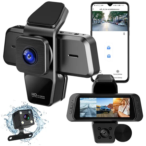 3-Channel WiFi Dash Cam — 1080P Full HD, 170° Wide Angle, IR Night Vision, App Control, 128GB Max