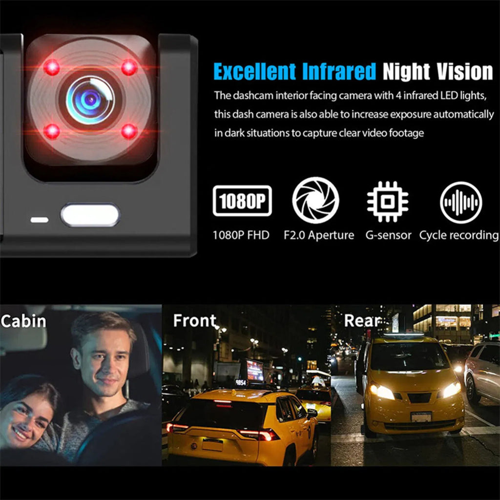 Triple Lens Dash Cam 1080P HD | Front, Rear & Interior Recording + G-Sensor