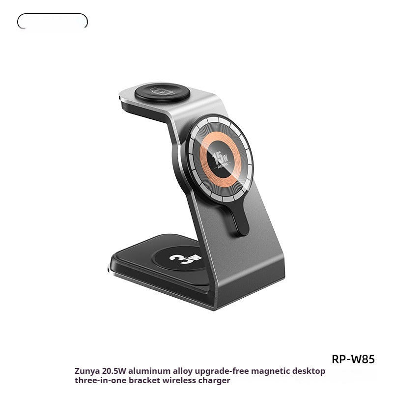 "3-in-1 magnetic wireless charger aluminum alloy desktop charging station"
"MagSafe compatible wireless charger for iPhone Apple Watch AirPods"
"Premium aluminum 3-in-1 charging stand with magnetic alignment"